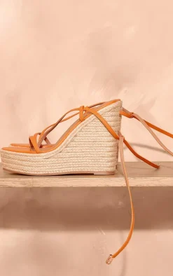 Orange PU Round Toe Asymmetric Strap Espadrille High Wedges