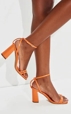 Orange PU Square Toe Buckle Detail Block Heeled Sandals
