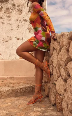 Orange Pu Square Toe Strappy Lace Up Heeled Sandals