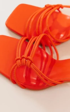 Orange PU Square Toe Wide Fit Side Knot Detail Mid Flared Heeled Sandals