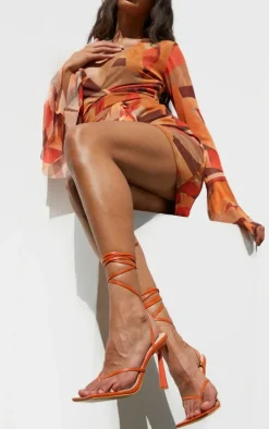 Orange PU Toe Thong Lace Up Circle Heeled Sandals