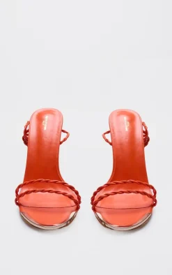 Orange PU Wide Fit Round Metal Toe Braided Strap Heeled Sandals