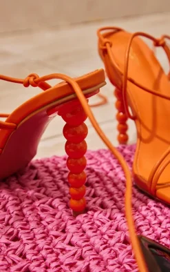 Orange PU Wide Fit Square Toe Knot Lace Up High Heeled Sandals