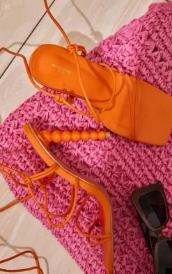 Orange PU Wide Fit Square Toe Knot Lace Up High Heeled Sandals