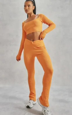Orange Rib Knit Dipped Waist Pants
