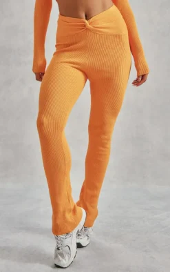 Orange Rib Knit Dipped Waist Pants