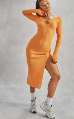 Orange Rib Knit Keyhole Cut Out Maxi Dress
