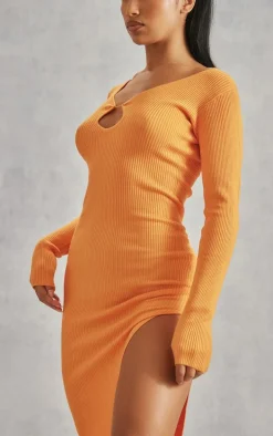 Orange Rib Knit Keyhole Cut Out Maxi Dress