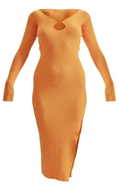 Orange Rib Knit Keyhole Cut Out Maxi Dress
