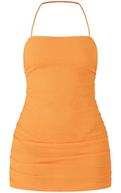Orange Rib Ruched Sides Strappy Halterneck Bodycon Dress