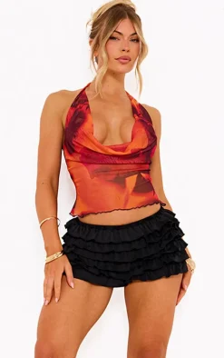 Orange Rose Printed Mesh Cowl Halterneck Crop Top