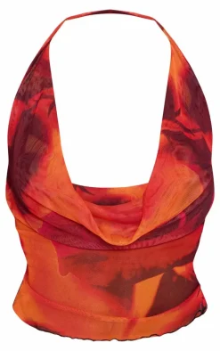 Orange Rose Printed Mesh Cowl Halterneck Crop Top