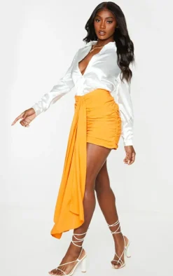 Orange Ruched Drape Front Mini Skirt