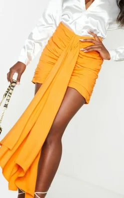 Orange Ruched Drape Front Mini Skirt