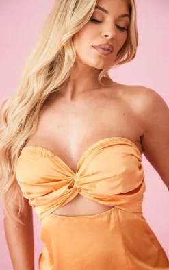 Orange Satin Bandeau Twist Detail Split Midaxi Dress