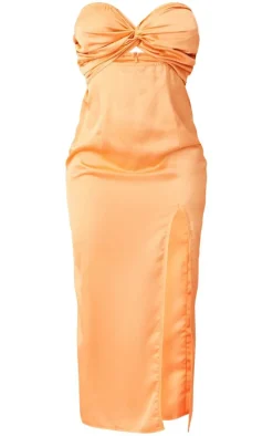 Orange Satin Bandeau Twist Detail Split Midaxi Dress