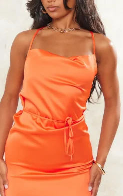 Orange Satin Cowl Neck Tie Back Shift Dress