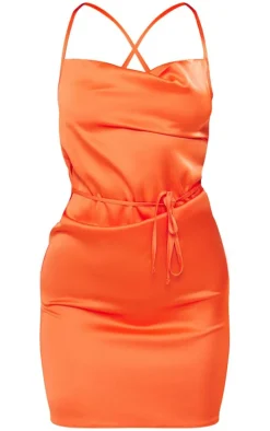Orange Satin Cowl Neck Tie Back Shift Dress