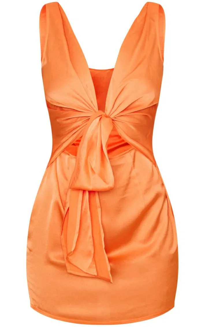 Orange Satin Extreme Plunge Tie Waist Drape Bodycon Dress