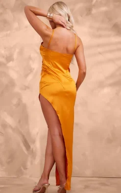 Orange Satin Floral Detail Asymmetric Maxi Dress