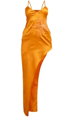 Orange Satin Floral Detail Asymmetric Maxi Dress