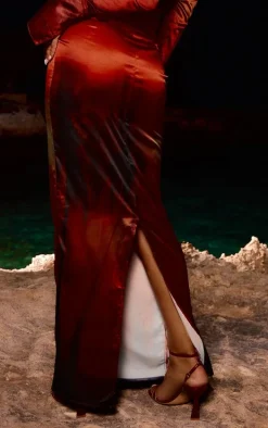 Orange Satin Palm Printed Maxi Skirt