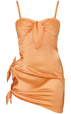 Orange Satin Tie Detail Cut Out Strappy Bodycon Dress