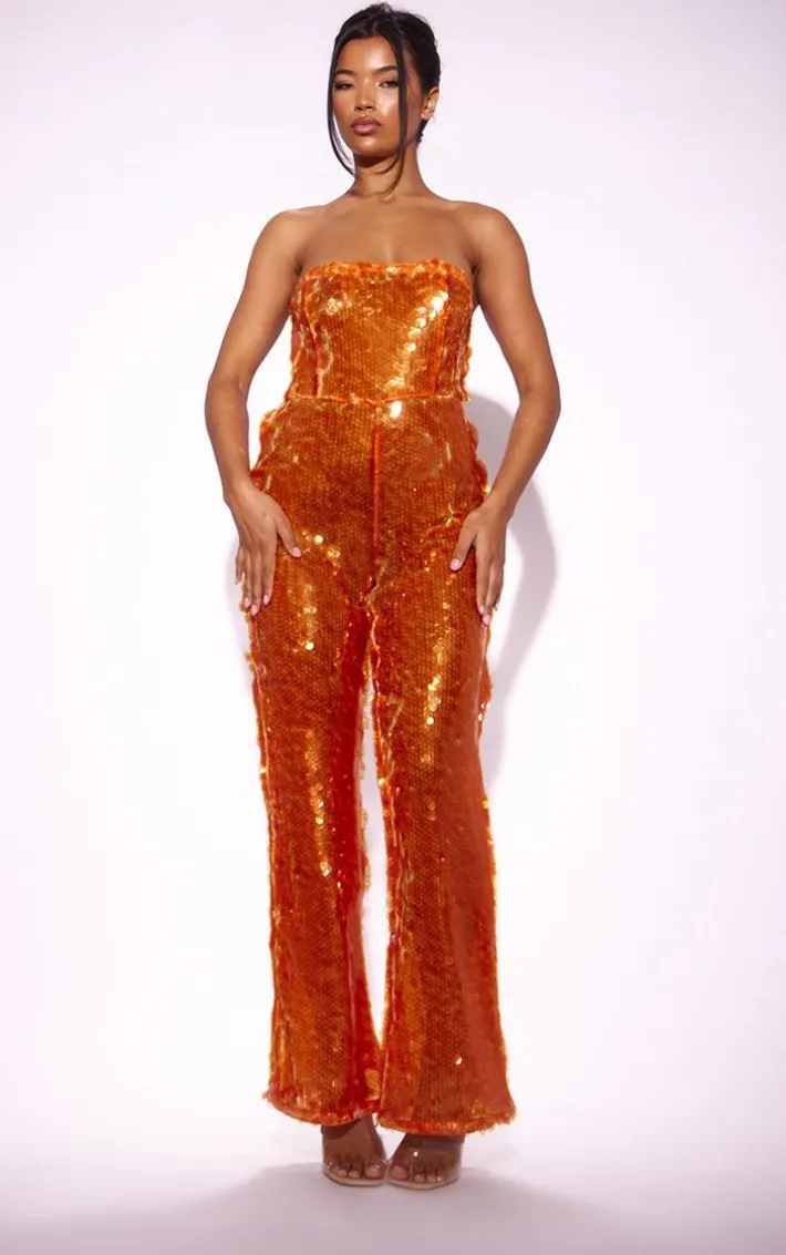 Orange Sequin Bandeau Wide Leg Jumpsuit