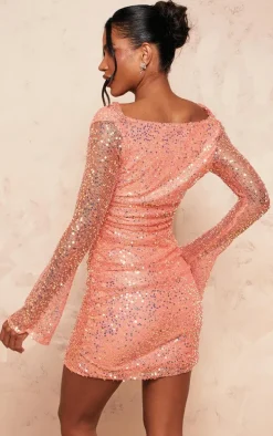 Orange Sequin Cowl Neck Long Sleeve Mini Dress