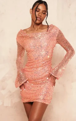 Orange Sequin Cowl Neck Long Sleeve Mini Dress