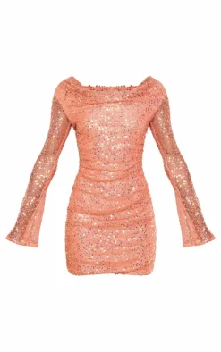 Orange Sequin Cowl Neck Long Sleeve Mini Dress