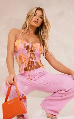 Orange Sheer Floral Tie Front Top