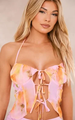 Orange Sheer Floral Tie Front Top