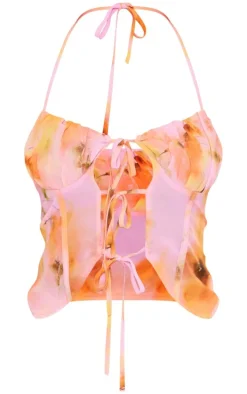 Orange Sheer Floral Tie Front Top