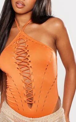 Orange Slinky Lace Up Front Cut Out Halter Bodysuit