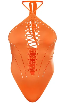 Orange Slinky Lace Up Front Cut Out Halter Bodysuit