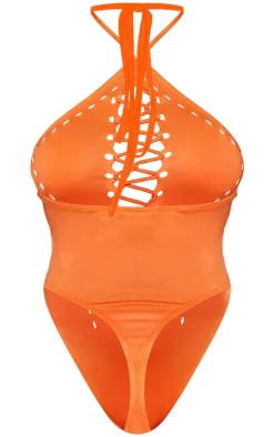 Orange Slinky Lace Up Front Cut Out Halter Bodysuit