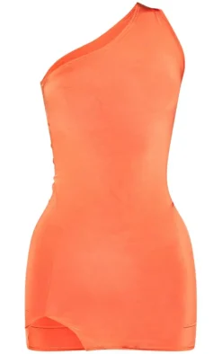 Orange Slinky One Shoulder Asymmetric Bodycon Dress