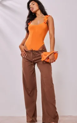 Orange Slinky Ruffle Strap Bodysuit