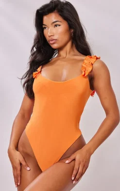 Orange Slinky Ruffle Strap Bodysuit