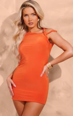 Orange Slinky Twist Shoulder Bodycon Dress