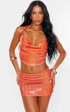 Orange Snake Print Sequin Cowl Neck Top