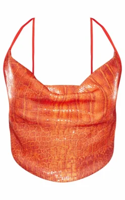 Orange Snake Print Sequin Cowl Neck Top