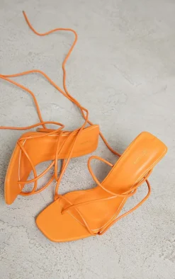 Orange Square Toe Lace Up Heeled Sandals