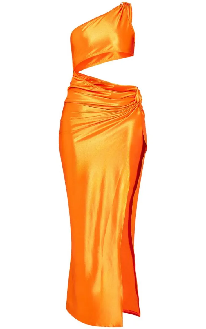 Orange Stretch Satin Cut Out Maxi Dress
