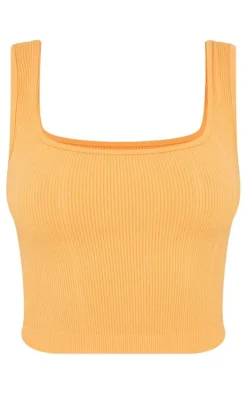 Orange Structured Snatched Rib Square Neck Top