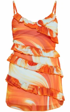 Orange Swirl Print Asymmetric Frill Strappy Shift Dress