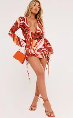 Orange Swirl Print Satin Extreme Cowl Ruched Long Sleeve Bodycon Dress