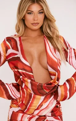 Orange Swirl Print Satin Extreme Cowl Ruched Long Sleeve Bodycon Dress