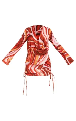 Orange Swirl Print Satin Extreme Cowl Ruched Long Sleeve Bodycon Dress